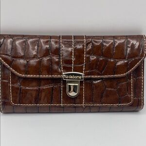 Liz Claiborne  Shiny Patent Brown Faux Crocodile Embossed Leather Trifold Wallet
